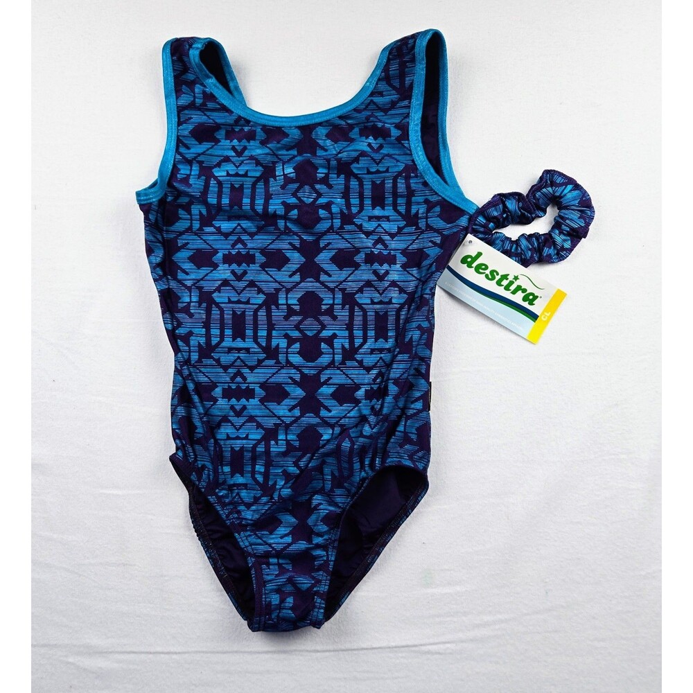 Destira Child Large Gymnastics Leotard Blue Purple Aztec Keyhole Scrunchie